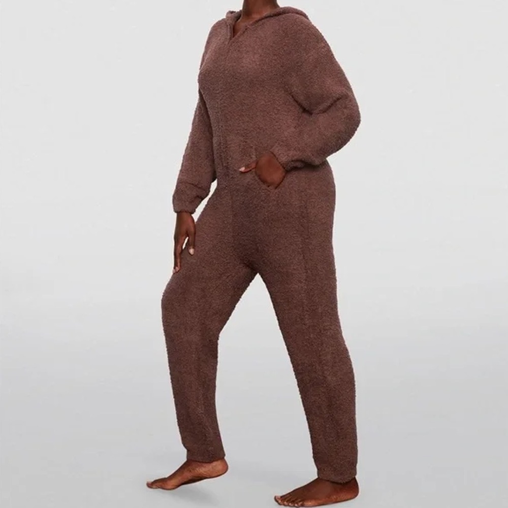 NWT - SKIMS Cozy Knit Brown Fuzzy Plush One-piece Lounge Jumpsuit - Cocoa Brown